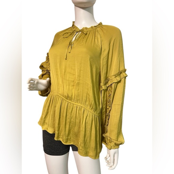 CALLIGRAPHIE Elegant Mustard Ruffle Blouse Size L - Picture 2 of 7